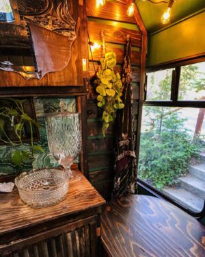 Pearl Liaison Instagram - Spent the last few months building a shuttle bus into an off-grid tiny house and we’re v happy with how she turned out 🥲💔 
Specs: 2007 Ford E450, 24ft, 175k miles, 480 watts solar   Yeti3000 battery/ 70 gallon water tank/ gravity-fed plumbing/ copper soaking tub/ heated shower/ queen bed/ 12v fridge & freezer/ 3-burner propane stovetop   oven/ convertible sofa/ full-size wardrobe, taste, glamour, etc❣️