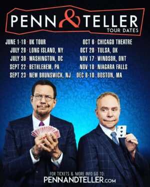 Penn Jillette Instagram - Lots of upcoming tour dates in addition to our regular Vegas shows. If you can’t make it to #Vegas come see us on tour!

Links in bio to our tour page on the P&T website.