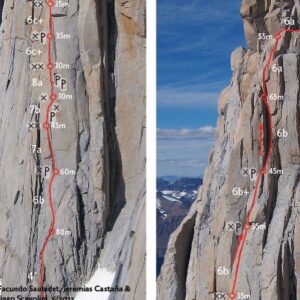 Pete Whittaker Instagram - Another short window of weather allowed us to try the newly established route "Anda p' alla!" on West Face of Guillaumet, which was put up by @facusaubidet @jerecastana @santi.scavolini @franco_toscani at the beginning of Jan.
Photos from the FA showed some amazing looking cracks and also suggested that the crux might be possible to free at 8a.

The route didn't disappoint, brilliant rock on perfect flaring splitters.

@seanvillanuevaodriscoll put in yet more solid leads onsighting through the first points of Aid on pitch 4. Then I was up first at giving the crux pitch a look. 
The bottom section initially felt trickier than it probably should have, as it was a wet crack (about E5) which I had to chop ice from whilst climbing.
I got stopped by an obvious crux; A thin seam with awkward body positioning and flaring finger jams. The individual moves went free and I went to the anchor.

Sean had a lead and worked on the moves, then next go i surprised myself by redpointing it!

We summited Guillaumet still in daylight and all got down safely to camp by midnight. Thanks for another good trip Sean and @julia.cassou 

And thanks Facu, Jere, Santi and Franco for opening a brilliant route. The estimated grades on the pitches with aid seemed about right. We thought 7b(ish) for pitch 4, and 8a(ish) for pitch 5.

It's an incredible place on the rock up there, but the mountains in Patagonia still scare me, so full focus and climbing well is the only option

Pic 1. Crux pitch
Pic 2. Summit
Pic 3. At the belay after the crux
Pic 4-5. Topo

📸 @julia.cassou 
📸 Topo @patagoniavertical 

@patagonia_climb 
@wildcountry_official 
@unparallelup 
@sterlingrope