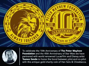 Peter Mayhew Instagram - It’s happening!  Our first tenth anniversary coin is dropping today (link in our bio) May the 4th be with you!  This portrait of Chewbacca and Han Solo was masterfully created by Tsuneo Sanda @tsuneosanda, Legendary painter for LucasFilm and Disney.  The coin frame and anniversary back was designed by Richard Gonzalez @richard.a.gonzalez.

#starwars #mayhewfoundation #hansolo #chewbacca #harrisonford #petermayhew #milleniumfalcon #charity #coin #challengecoin #maythe4thbewithyou