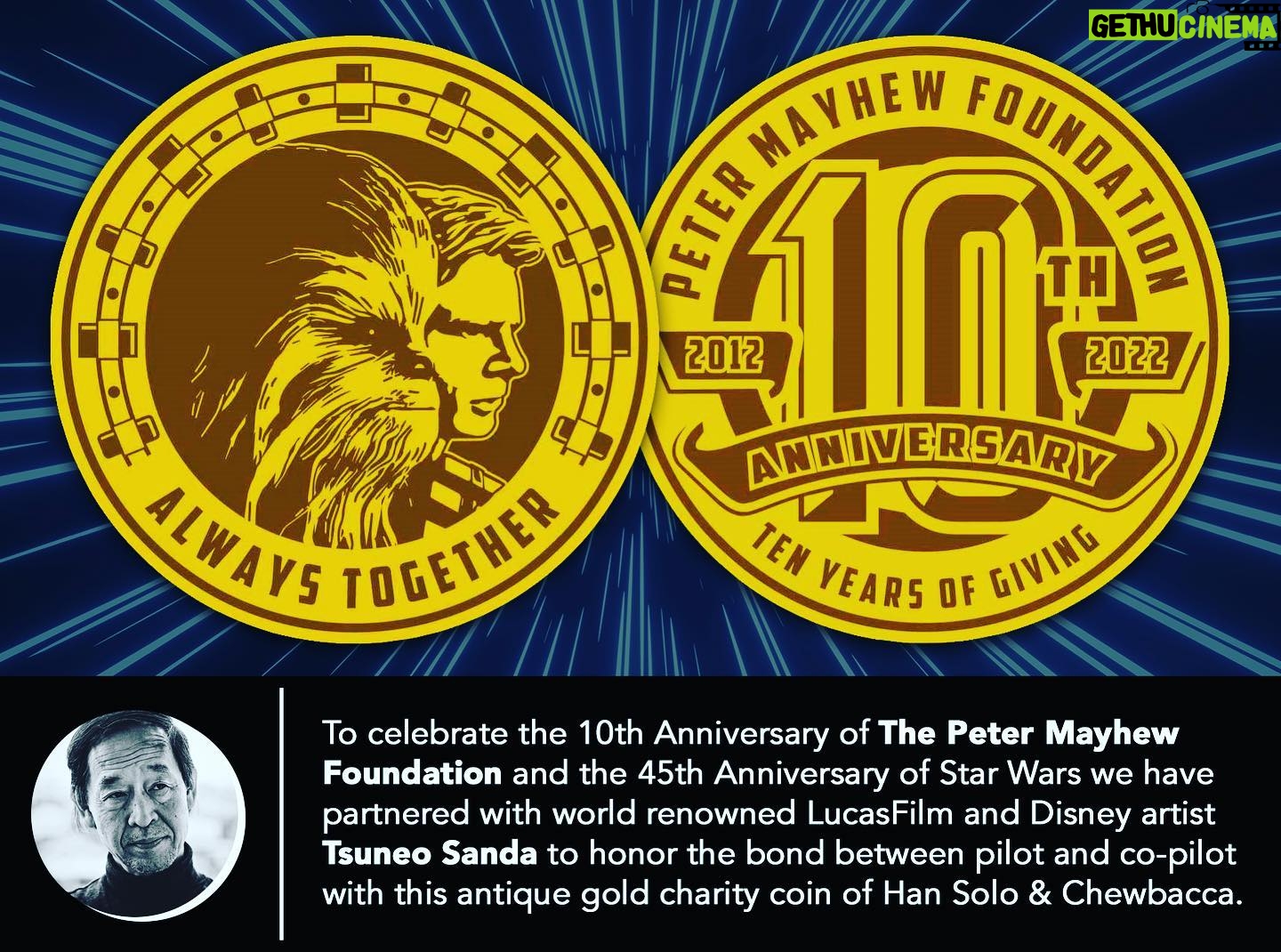 Peter Mayhew - 572 Likes - It’s happening! Our first tenth anniversary coin is dropping today (link in our bio) May the 4th be with you! This portrait of Chewbacca and Han Solo was masterfully created by Tsuneo Sanda @tsuneosanda, Legendary painter for LucasFilm and Disney. The coin frame and anniversary back was designed by Richard Gonzalez @richard.a.gonzalez.
#starwars #mayhewfoundation #hansolo #chewbacca #harrisonford #petermayhew #milleniumfalcon #charity #coin #challengecoin #maythe4thbewithyou