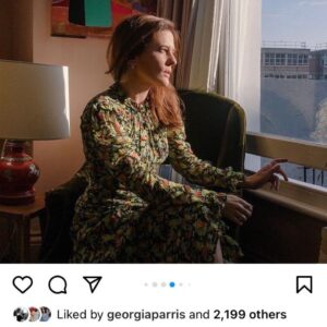 Phoebe Fox Instagram - SAG awards portrait shot at our flat, using an app that allowed a photographer to access the camera on my phone. Crazy. Managed to get Aunty Cherrill’s painting in there too 🥰 @cherrillparrisfox_artist @sagawards @prosper_pr