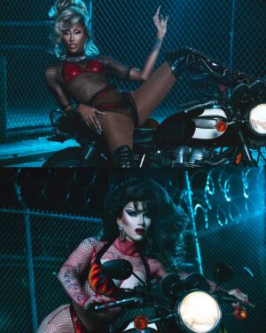 Priyanka Instagram - BABES ON BIKES with @sashavelour (swipe to the last slide to see a very sexy sasha with the inspo for the shoot!) 

photo by the iconic @vadellaphoto 

We are selling signed posters of us as the hot, groomer-type bikers with 100% of profits going to @nourishfoodbank, middle Tennessee’s largest direct service food bank (where Sasha's drag daughter and my NIECE @veronica.p679 proudly works). Only a limited number are available at @mybestjudy and on houseofvelour.com, so act now!

WE WERE in Tennesse and now we're headed to OKLAHOMA with two nominations at the @criticschoice awards for "BEST ENSEMBLE CAST IN AN UNSCRIPTED SERIES" and "BEST STRUCTURED series! Now we ride into the night to go save the queers in the bible buckle of America! @latriceroyale  joins us and take us to church...literally! 

Bike @spiciestmeatball
Look @blackandwhitestriped
Hair @wigsandgrace

Season 4 #WereHere airs every friday at 9pm/et on @hbo @cravecanada @streamonmax 

#werehere #hbo #rupaulsdragrace #canadasdragrace