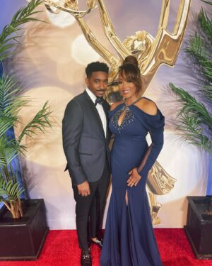 Ptosha Storey Instagram - About last night …. Had a marvelous time at the 49th Annual Daytime Emmys creative arts and lifestyle ceremony .  I felt like a QUEEN walking the  Red carpet as an Emmy Nominated Actress and so proud to have my handsome son @jordanljones by my side . Thank you to @sptv @cbstv @youngandrestlesscbs,  my family , my village and my fans . This journey would not be possible without you . Special shout to my glam squad for making me look beautiful on this special day . (Swipe)

Stylist @jlynnstyle18 
MUA @avonna_sunshine 
Hair @michellecoronahair 

#grateful