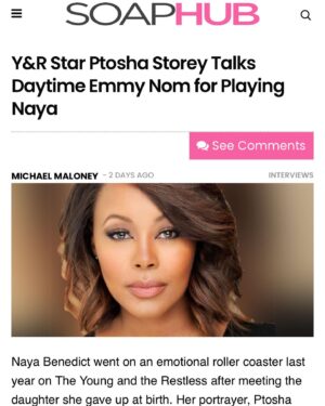Ptosha Storey Instagram - A huge THANK YOU to @michaeljmaloney @soaphub for a great interview . I Enjoyed  my time with you . Truly felt the love! 🙏🏾💙🙏🏾 ( swipe)
Read more—>
https://soaphub.com/interviews/yr-star-ptosha-storey-talks-daytime-emmy-nom-for-playing-naya/

#youngandtherestlesscbs 
#soaphub 
#naya
#emmys
#emmynominated