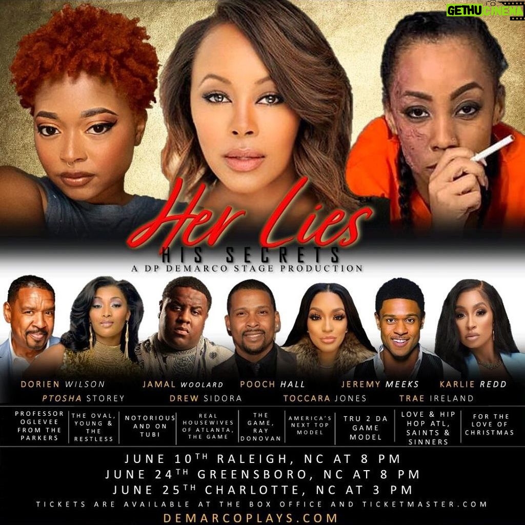 Ptosha Storey - 659 Likes - Hey Family !
Itās Time !!! āHer Lies , His Secretsā @demarcoplays is almost here. Catch me on a stage near you ā¦. š Charlotte, Greensboro and Raleigh! Grab your tickets today for DP DeMarco's Award Winning Stage Production, Her Lies, His Secrets! THESE SHOWS WILL SELL OUT!!
ā¶ļøRaleigh-June 10th at Duke Energy Ctr For Performing Arts
ā¶ļøGreensboro- June 24th at Steven Tanger Ctr For Performing Arts
ā¶ļøCharlotte- June 25th at Ovens Auditorium
Starring Trae Ireland from For The Love of Christmas, Drew Sidora from the Real Housewives of Atlanta, Jeremy Meeks, Emmy Nomination Award Winner Ptosha Storey from Tyler Perry's The Oval, Jamal "Gravy" Woolard from Notorious The Movie aka Biggie, Karlie Redd from Love & Hip-Hop Atlanta and Saints & Sinners,Toccara Jones from America's Next Top Model, Pooch Hall from the Game & Ray Donovan, Dorien Wilson aka Professor Oglevee on the Parkers and introducing Actresses Jasmine Elizabeth and Kambria Moncrief and Actor Anthony Jewelz!
Tickets are available now at demarcoplays.com