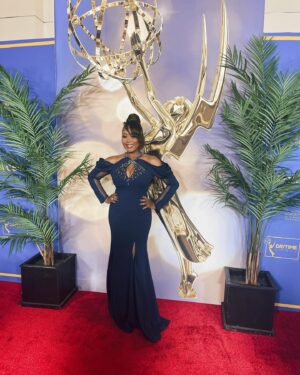 Ptosha Storey Instagram - About last night …. Had a marvelous time at the 49th Annual Daytime Emmys creative arts and lifestyle ceremony .  I felt like a QUEEN walking the  Red carpet as an Emmy Nominated Actress and so proud to have my handsome son @jordanljones by my side . Thank you to @sptv @cbstv @youngandrestlesscbs,  my family , my village and my fans . This journey would not be possible without you . Special shout to my glam squad for making me look beautiful on this special day . (Swipe)

Stylist @jlynnstyle18 
MUA @avonna_sunshine 
Hair @michellecoronahair 

#grateful