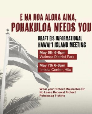 Pua Case Instagram - Kohala, Waimea, Hāmākua, please show up at the meeting if you can. Pōhakuloa, at the base of the mauna needs us all, the waters of Ka'ohe flow from the mountain under her lands, we hear and know well the sound of the bombing and the destruction and desecration to the heart lands of our people. It's hard to attend but let's do it for the 'Āina, for the mauna, for the wai and for each other. See you there. Aloha nui.