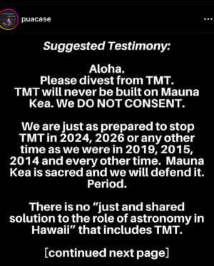 Pua Case Instagram - *Call to Action - Although the initial date is past, Please Consider sending an email and Stand with Mauna Kea!  We need to stand together & advocate for the rights of Native Hawaiians & Sacred Indigenous Lands & Waters.  Please scroll, screen shot the end if needed, then copy and paste from your photos and send.  Mauna Kea & her people need your support💯. Emails to regentsoffice@ucop.edu  The one above is mine, plus the suggested testimony from Auntie @puacase -  Aloha & Mahalo nui loa for your continued support!