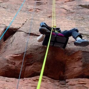 Quinn Brett Instagram - What am I doing???? 

The scene is a little different from the free climbing of 5 years ago on these sandstone walls but it was sure nice to hang up high in them again! 

Anxiety was high during our two days at times because I can’t feel if I am scraping my knees or hips or ankles and how badly I surely am. Am I sitting to long causing a pressure sore?  I did my best with knee pads, cushions and weight shifting but at times I wondered if it was worth the effort. Also. How the hell am I gonna pee and poop?  Jeesh. “What am I doing?” 

The rest was big wall type-two fun and  shenanigans—- communication, diligence to order of operations, sore body parts that haven’t been worked in ages, glorious views and amazing people. 

This wouldn’t have happened without the support, friendship and commitment of @sstratts @eeejayenn @steffangregory ❤️ 💪 🙏 💕 😊 @snakesaresmart @not_disabled and @timmyoneill @adidasterrex @blackdiamond @grade7equipment @ymcarockies @susantaylordarby 

I might have spent the last five years sitting but certainly not sitting still. Clipped and dangling to the side of a mountain, I still find this weird contentment—- it quells my insatiable need to multi-task, plan, brain chatter—- I do finally just sit. 
.
.
.
.
#2gimps1pimp #pullupsfordays 
.

.
#climbing #rockclimbing #enduranceathlete #skiing #mountains #mountainbiking #trailrunning #running #roadbiking #crossfit #yoga #paragliding #outdoors #athlete #diving #spinalcordinjury #spinalcordresearch #paralyzed #science #sports #wilderness #disability
