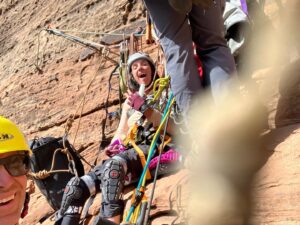 Quinn Brett Instagram - What am I doing???? 

The scene is a little different from the free climbing of 5 years ago on these sandstone walls but it was sure nice to hang up high in them again! 

Anxiety was high during our two days at times because I can’t feel if I am scraping my knees or hips or ankles and how badly I surely am. Am I sitting to long causing a pressure sore?  I did my best with knee pads, cushions and weight shifting but at times I wondered if it was worth the effort. Also. How the hell am I gonna pee and poop?  Jeesh. “What am I doing?” 

The rest was big wall type-two fun and  shenanigans—- communication, diligence to order of operations, sore body parts that haven’t been worked in ages, glorious views and amazing people. 

This wouldn’t have happened without the support, friendship and commitment of @sstratts @eeejayenn @steffangregory ❤️ 💪 🙏 💕 😊 @snakesaresmart @not_disabled and @timmyoneill @adidasterrex @blackdiamond @grade7equipment @ymcarockies @susantaylordarby 

I might have spent the last five years sitting but certainly not sitting still. Clipped and dangling to the side of a mountain, I still find this weird contentment—- it quells my insatiable need to multi-task, plan, brain chatter—- I do finally just sit. 
.
.
.
.
#2gimps1pimp #pullupsfordays 
.

.
#climbing #rockclimbing #enduranceathlete #skiing #mountains #mountainbiking #trailrunning #running #roadbiking #crossfit #yoga #paragliding #outdoors #athlete #diving #spinalcordinjury #spinalcordresearch #paralyzed #science #sports #wilderness #disability