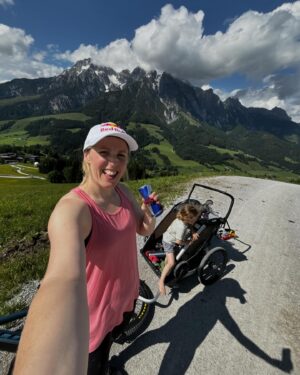 Rachel Atherton Instagram - LEOGANG ❤️🤩🙏🏽👍 we had SUCH a good time, coming on holiday to watch a World Cup was actually so good! Meeting loads of you guys, and
 I got to do a bit of commentary which was so fun 🙏🏽 & hang out with my girl in the most epic place & watch her bike skills progress and buy her a full face helmet & she looks so cute in it 🥰😂

and then watch the World Cup race!
 So so good :-) 
We don’t want to leave this place - it’s so nice to experience these venues in a different way to when I was racing! 
YouTube vlog dropping tomorrow 🥰😜
.
@biohotelrupertus thank you so much ❤️
@bikeparkleogang ❤️
@redbulluk 
@athertonbikes
