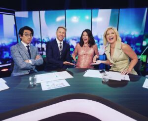 Rachel Corbett Instagram - My last night on @theprojecttv tonight before this person in my belly comes out. 
Hing’s face says it all 😳
#theprojecttv #theproject