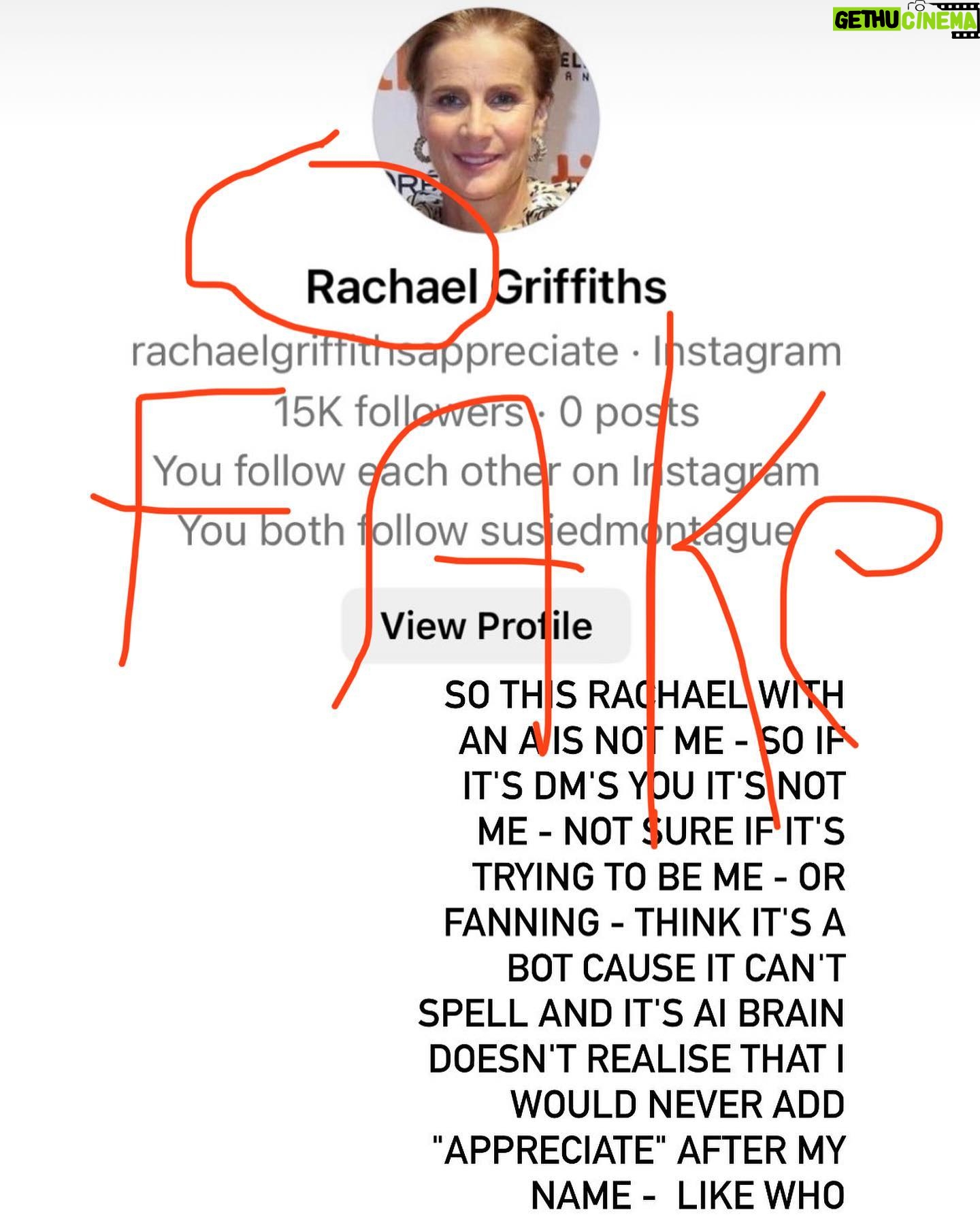 Rachel Griffiths - 693 Likes - Block and report . Thanks and sorry this no good no grammar no spell bot has infiltrated your DM's
