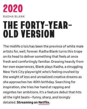 Radha Blank Instagram - Thank you @aha88 @dankois @bmluse @slate @npr and all the illustrious panelists who chose #thefortyyearoldversion as part of this amazing list of luminary #blackstorytellers! Many of which are my biggest inspirations and teachers! Mama we done made it! 💥💥💥#carolsdawta #lookma 
❤️🎥💚❤️✊🏿💚
LINK IN BIO