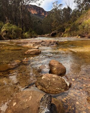 Rae Johnston Instagram - Headed down via Silver Cascades, Victoria Falls and Victoria Creek to the Burra Korain campground today. A chilly start (my car was iced up!) bur it soon warmed up - and I beat the rain! 

The campground sits right where the creek meets the Grose River, and is a pretty spectacular spot. 

Took me about 4 hours to get down there and back up again, some slippery sections and ankle deep river crossings but nothing too hairy. I was soaked by the time I got back just from the moisture in the air from the falls and the humidity.

Definitely coming back to stay overnight 🤎

#bluemountains #hiking #grosevalley