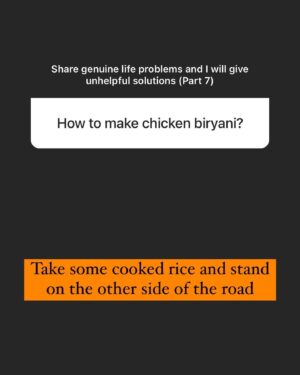 Rahul Subramanian Instagram - Excerpts from last “Share genuine problems and I will give unhelpful solutions - Part 7”

Tell me which one was your favourite 👍

Full Q&A on my story highlights