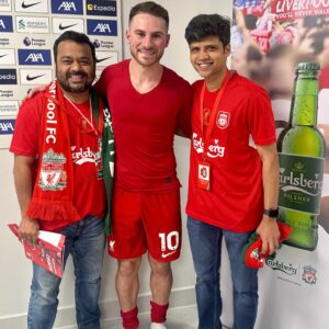 Rahul Subramanian Instagram - The two of us have been fans of Liverpool FC for more than 2 decades, in fact , we became friends because we both loved Liverpool FC . It was our dream for many years to once come to Liverpool , and watch them play at Anfield . Over the last few years- it had become a shared dream - “ Saath mein ek din Anfield jaake match dekhenge yaar “ - is a sentence we’ve said to each other every week for the last 10 years of our friendship . And then this season , we got to know that Jurgen Klopp is leaving . Klopp has been a figure we’ve both idolised for the last >8 years . We said to each other “We have to go to Anfield before Klopp  leaves “ . In came the good folks at @carlsbergindia who helped us realise this dream . They helped us live a day we had never imagined we will live . To be inside Anfield , sing YNWA with 60 thousand  fans , to watch Salah score a goal , to watch LFC win . To meet the man of the match and a World Cup winner - Alexis Mac Allister AND TO MEET THE MAN HIMSELF - Jürgen Klopp. To be hugged by the man himself !!! Probably the best day of our lives. Thank you Carlsberg - you’ll never walk alone .