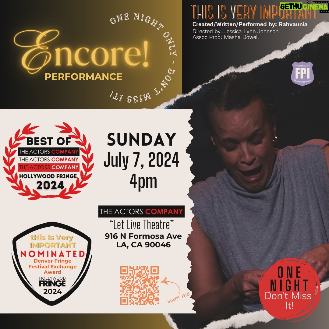 Rahvaunia - 23 Likes - • WINNER & ENCORE PERFORMANCE • Get your tickets. See “tHis Is Very IMPORTANT” Tickets $12. ONLY ONE SHOW 🎭 DO NOT MISS THIS HIGHLY ENTERTAINING and IMPORTANT SHOW! Click the 🔗 in my profile #thisisveryimportant #hff2024 #hollywood #lafpi #actorscompanyla #theatre #stage #soloshow LET’S SELL IT OUT - Thank you for your support ✨❤️😌