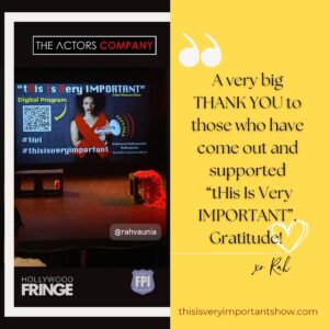 Rahvaunia Instagram - ♥️ THANK YOU ♥️ For your support. Means more than you know. My hope is that you both enjoyed the show, and understand how IMPORTANT the message is #theatre #edutainment #awareness #artivism #soloshow #hollywoodfringefestival #lafpi #actorscompanyla #thisisveryimportant #tivi #howrahliving 

🎭✨ 4 More Shows to Go! Come out and see the show. Support independent theatre and have a great time!