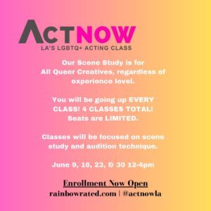 Rain Valdez Instagram - Join ACTNOW for Pride month. 
LA’s only Queer-Centered is back for a 4 week Scene 
Study with Emmy-Nominated, @rainvaldez. More details at the link in our bio. 
Classes begin June 9th. 
Enrollment Open Now!

#queerhollywood #actnow #transisbeautiful #transactor #pridemonth #supportqueerbusiness
