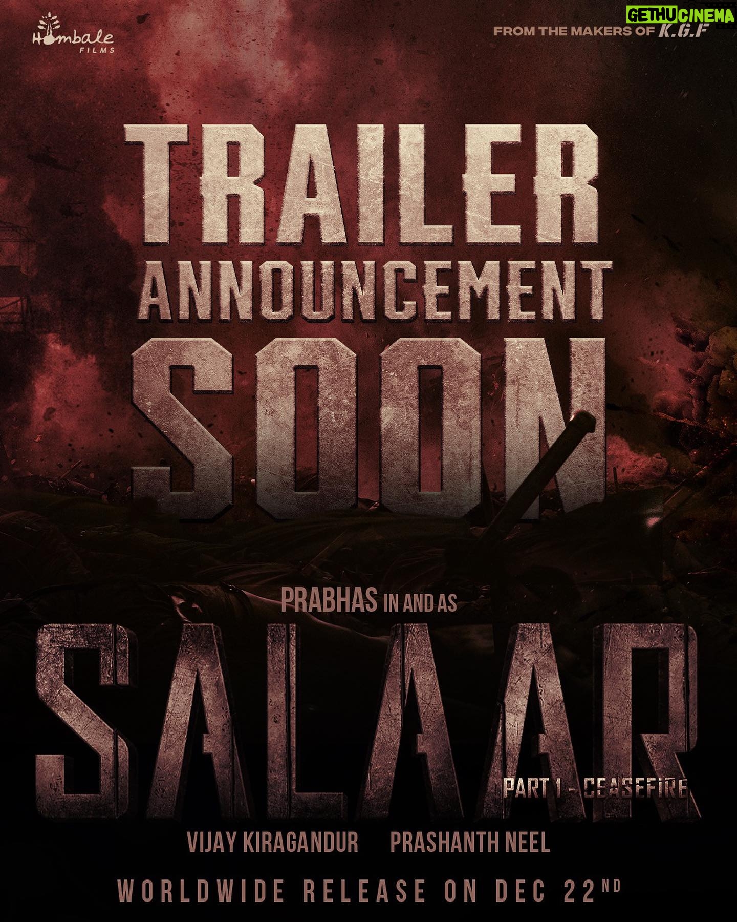 Ramachandra Raju - 10.9K Likes - The wait is about to end!
#Salaar Trailer Date & Time Announcement is on the way 🔥
#SalaarCeaseFire #Prabhas #PrashanthNeel @PrithviOfficial @shrutihaasan @hombalefilms @VKiragandur @IamJagguBhai sriyareddy @actorsimha @garuda_ram_official @bhuvangowda84 @RaviBasrur @shivakumarart @vchalapathi_art @anbariv @SalaarTheSaga
#SalaarCeaseFireOnDec22