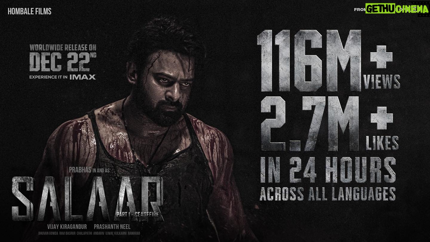 Ramachandra Raju - 14.2K Likes - 𝐎𝐍𝐄 𝐌𝐀𝐍 𝐀𝐑𝐌𝐘 🔥
#SalaarTrailer conquers YouTube with record-breaking 𝟏𝟏𝟔 𝐌 𝐕𝐢𝐞𝐰𝐬 & 𝟐.𝟕 𝐌 𝐋𝐢𝐤𝐞𝐬 𝐢𝐧 𝟐𝟒 𝐇𝐨𝐮𝐫𝐬💥
▶️ https://bit.ly/SalaarCeaseFireTrailer
#RecordBreakingSalaarTrailer #Salaar #SalaarCeaseFire
#Prabhas #PrashanthNeel @PrithviOfficial @shrutihaasan @VKiragandur @hombalefilms @IamJagguBhai @garuda_ram_official @actorsimha sriyareddy @bhuvangowda84 @RaviBasrur @vchalapathi_art @anbariv @SalaarTheSaga #SalaarCeaseFireOnDec22