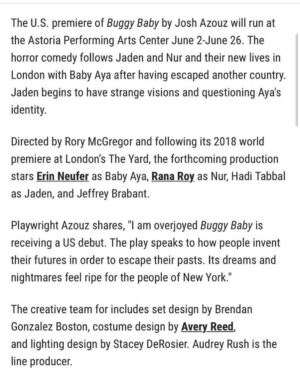 Rana Roy Instagram - Super excited to play with these people. When @rorydmcgregor sent me Buggy Baby by Josh Azouz I couldn’t stop reading. I’m obsessed with this play and I hope if you’re in NYC, you come see it. 🎭 

Link for tickets in bio.

📸: @emiliomk