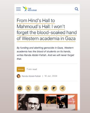 Randa Abdel-Fattah Instagram - My article in @thenewarab  in honour of Mahmoud Alnaouq and in honour of the students who refuse their universities' complicity in the genocide that kills students. 
Link in bio. 
@studentsforpalestineaus @studentsforpalestineunimelb