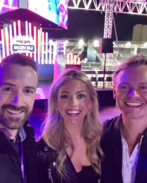Rebecca Dalton Instagram - Finally made it to my first F1 race and it was F1’s first race in Vegas. WOW. Thanks for showing us a great time @hinchtown!! And my wonderful @fionahewitson for giving me a tour of the F1 garages and @parkertank for hosting us at Redbulls crazy fun hospitality!! I’ll just need a quick week to recover