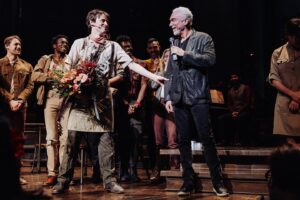 Reeve Carney Instagram - What a magical night… What a magical journey… 🌹 So so grateful for every moment of it @hadestown ❤️🌹
📸’s by @zcassar 
black and white 📸 by @andrewonbroadway