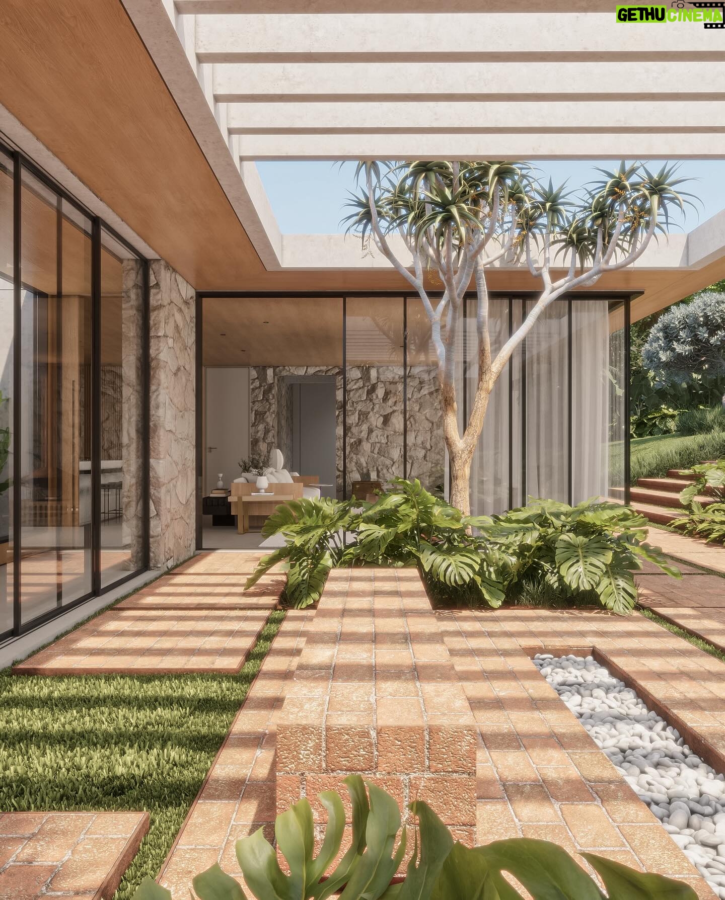 Renato Mendonça - 1.5K Likes - Um dos meus ambientes favoritos da Casa Wang é o pátio interno, que valoriza a iluminação natural.
O espaço foi criado a partir de um jogo de pergolados, com abertura para duas árvores escultóricas. Ali, desenvolvemos um banco voltado para a piscina e um rasgo no chão com lareira, que confere dramaticidade à composição.
📸 @estudioklee