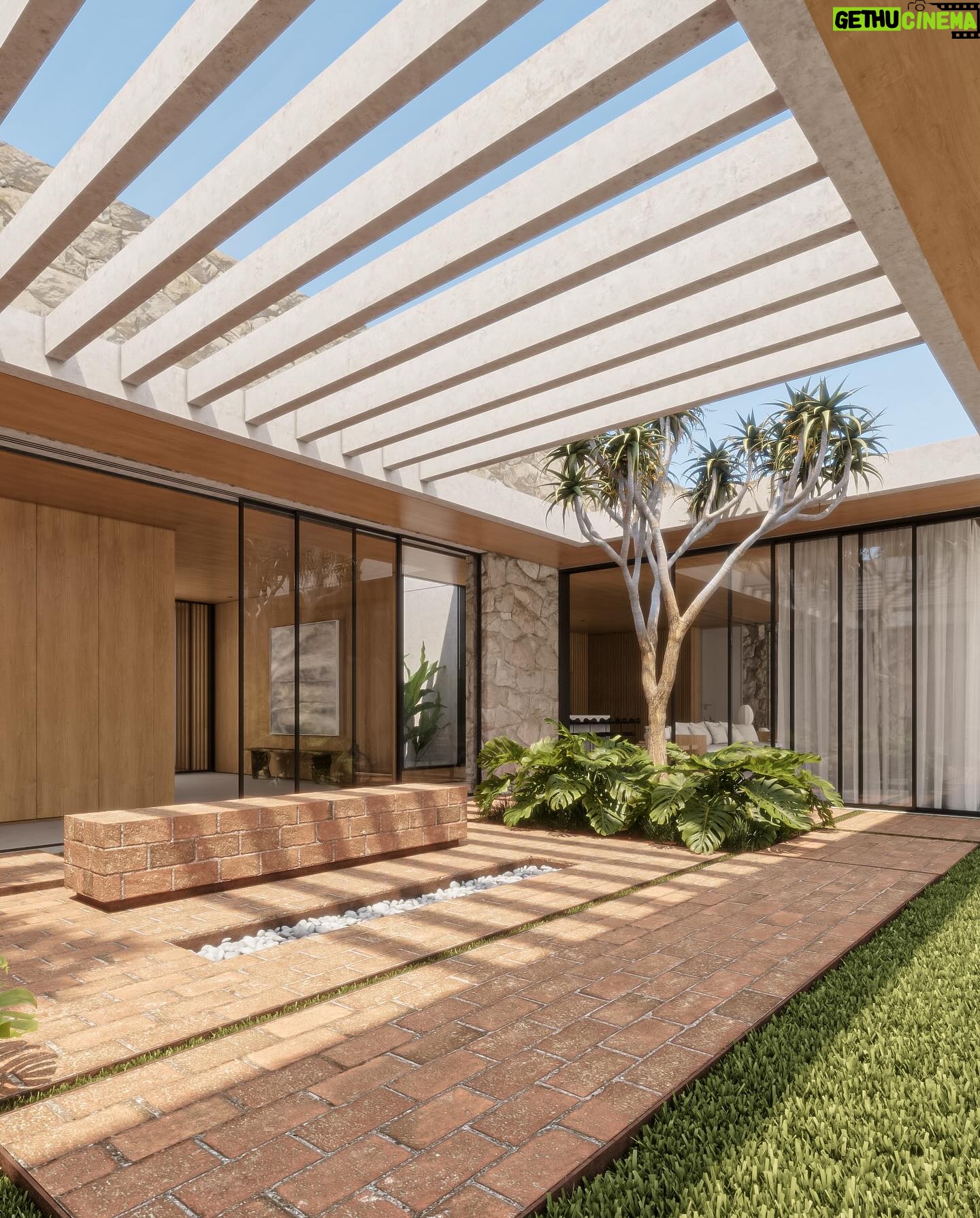Renato Mendonça - 1.5K Likes - Um dos meus ambientes favoritos da Casa Wang é o pátio interno, que valoriza a iluminação natural.
O espaço foi criado a partir de um jogo de pergolados, com abertura para duas árvores escultóricas. Ali, desenvolvemos um banco voltado para a piscina e um rasgo no chão com lareira, que confere dramaticidade à composição.
📸 @estudioklee