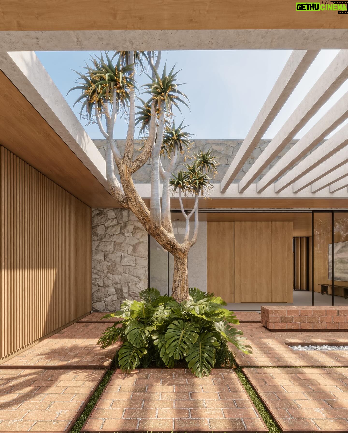 Renato Mendonça - 1.5K Likes - Um dos meus ambientes favoritos da Casa Wang é o pátio interno, que valoriza a iluminação natural.
O espaço foi criado a partir de um jogo de pergolados, com abertura para duas árvores escultóricas. Ali, desenvolvemos um banco voltado para a piscina e um rasgo no chão com lareira, que confere dramaticidade à composição.
📸 @estudioklee