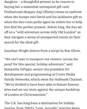 Reshma Shetty Instagram - So the script is so cute , and it was honestly such silly fun to shoot . And come on it’s premiering during Hallmarks Christmas movie countdown. And we are both cute ;) @hallmarkchannel @variety @iamwillkemp @robbakerashton #london #jollygoodchristmas
