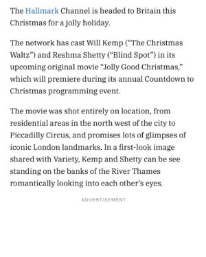 Reshma Shetty Instagram - So the script is so cute , and it was honestly such silly fun to shoot . And come on it’s premiering during Hallmarks Christmas movie countdown. And we are both cute ;) @hallmarkchannel @variety @iamwillkemp @robbakerashton #london #jollygoodchristmas