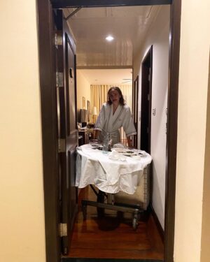 Rhianne Barreto Instagram - legend has it @abslawr is STILL stuck in her hotel room, the room service dining table trapping her forevermore x