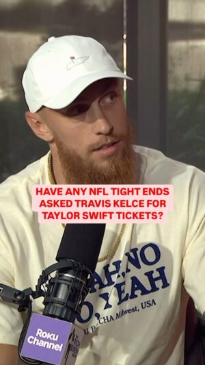 Rich Eisen Instagram - @gkittle reveals that THIS NFL tight end called up @killatrav for @taylorswift tickets 👀

Can we confirm this, @killatrav? 

George also tells a hilarious story about asking to use Taylor Swift’s bathroom during the @christianmccaffrey @oliviaculpo Rhode Island wedding 🤣