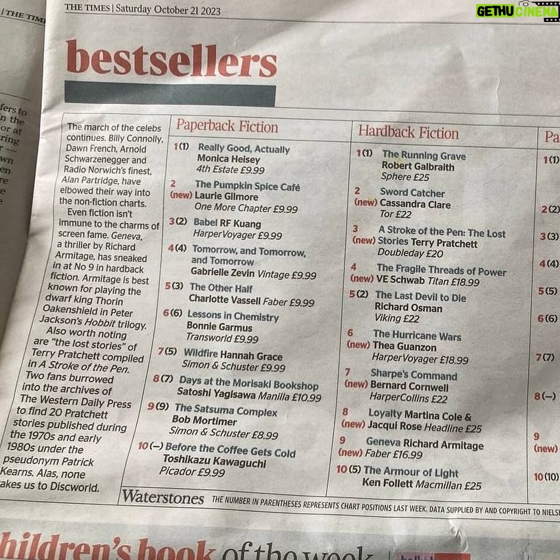 Richard Armitage - 4.6K Likes - Thank you to everyone who supported me on the Geneva book tour 2023. We managed to sneak in to ‘The Times’ Hardback Bestseller list, alongside some absolute titans of the publishing world. 🙌🙌🙌