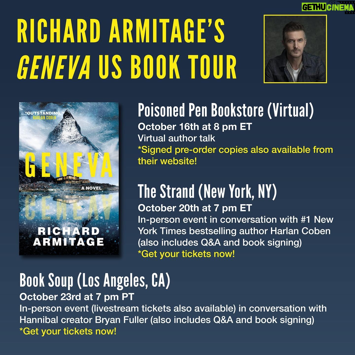 Richard Armitage - 6.1K Likes - Richard Armitage (@richardcarmitage) joined us in the Pegasus office yesterday to sign pre-order copies of his debut thriller GENEVA (coming October 12th). 🏔️
Signed preorders are available for US readers through @poisonedpenbookstore and @booksoup (included with the ticket to the livestream of Richard’s event with @bryanfullergram). ✍️
Swipe to see Richard’s US bookstore stops and register now! 🎟️ @poisonedpenbookstore @strandbookstore @booksoup