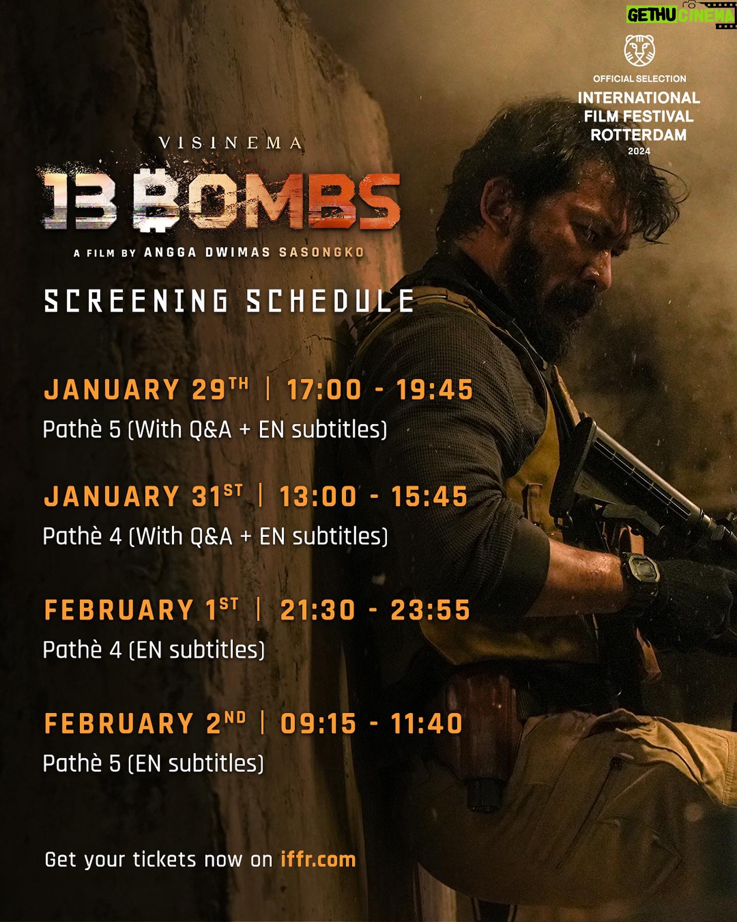 Rio Dewanto - 2.7K Likes - 💥13 BOM SEGERA MELEDAK DI ROTTERDAM💥
Terpilihnya film 13 Bom di Jakarta untuk program Limelight di International Film Festival Rotterdam (IFFR) 2024, film ini akan ditayangkan di Pathé Schouwburgplein, Rotterdam dari tanggal 29 Januari - 2 Februari 2024. Geser gambar untuk liat jadwalnya!
Pembelian tiket dan info lebih lengkap bisa cek di iffr.com. Warga Dar Der Dor Rotterdam dan sekitarnya, bersiap ya!🔥
#13Bombs
#13BomdiJakarta
#13BomfiJakartaFilm
#iffr2024
#iffr