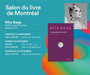 Rita Baga Instagram - On se voit au @salonlivremtl la semaine prochaine! J’y serai trois jours pour des dédicaces et également pour un panel avec ma « Mommy » @madolamotte ❤️

Pour la citer: « Venez, ça fait des maudits beaux cadeaux de Noël »!