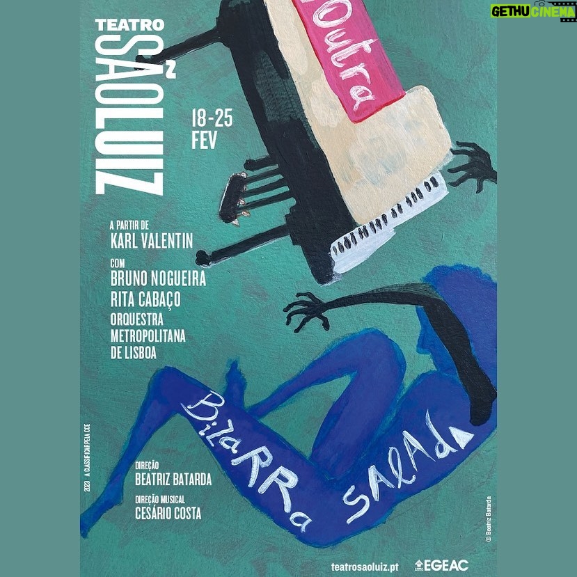 Rita Cabaço - 152 Likes - OUTRA BIZARRA SALADA
de Beatriz Batarda, a partir de textos de Karl Valentin
com Bruno Nogueira, Rita Cabaço e Orquestra Metropolitana de Lisboa
Direção Musical de Cesário Costa
18 a 25 fevereiro
quarta a sábado às 20h e domingo às 17h30 na sala Luis Miguel Cintra
M/12
€8 a €15