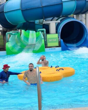 Robert Whittaker Instagram - Not my most graceful moment, but we had a stellar time at Raging Waters. Big tip. Go when it’s raining 😉