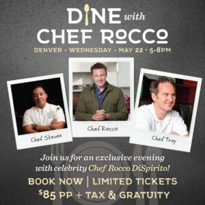Rocco DiSpirito Instagram - We are so excited to have @roccodispirito joining our team for this unforgettable collaboration dinner👨‍🍳May 22nd will be a night of delight with cocktails, passed bites, and a piece to bring home with you! Each ticket comes with a copy of Rocco’s new cookbook, Everyday Delicious!📖 Visit the link in our bio to reserve your spot!
•
•
•
•
#denverevents #denverfoodscene #milehighfood #303eats #denverfoodies