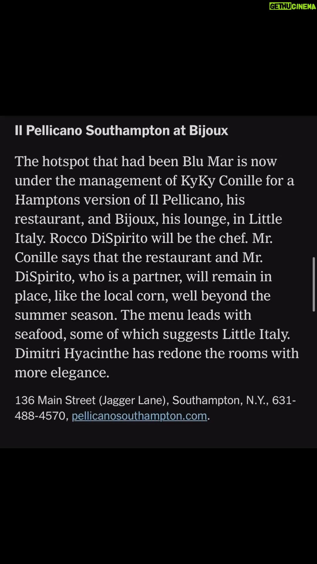 Rocco DiSpirito - 284 Likes - Thank you @florencefabricant for the lovely mention in your column. Come see us at @il_pellicano_southampton soon! @kykylc