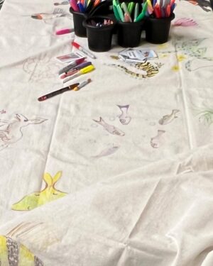 Rochelle Redfield Instagram - Hudson Valley peeps! Join me for coffee at @giobatta.tivoli sunday morning starting at 11:00 for some doodling, coloring and drawing on this 4’x 15’ canvas moveable mural celebrating our fabulous local flora and fauna. This is part of my Civic engagement final project- so come color and partake in some creative mojo!  #colorme #crayons #communityartmaking #beastiebrunch