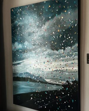 Rochelle Redfield Instagram - I’ve been spending a few days with some furry friends where my first confetti skies painting resides. Much water has flowed under the Kingston/Rhinecliff and Rip Van Winkle bridges ( this spot in the painting is about half ways between )since then. “Days of stormy optimism “  is the sub title of the show that took place at Murray’s cafe, which Covid sadly closed permanently.  I’ve been commissioned several times for confetti skies paintings set at various places around the globe but this very first one, against a storm lifting over the Hudson, resonates with how I was feeling at the time and makes me ask myself if my optimism is dwindling amidst the horrors we are witnessing everyday, and what role art can possibly play.  I’m proud of this piece, and happy that it lives with cherished friends. If anything, it has been witness to many gatherings of people who are dear to one another. And that connection with community is the richest source of optimism to weather the storms.  #confettiskies #strongertogether
#stormyoptimism 
#hudsonvalley #peacenow