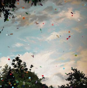 Rochelle Redfield Instagram - I’ve been spending a few days with some furry friends where my first confetti skies painting resides. Much water has flowed under the Kingston/Rhinecliff and Rip Van Winkle bridges ( this spot in the painting is about half ways between )since then. “Days of stormy optimism “  is the sub title of the show that took place at Murray’s cafe, which Covid sadly closed permanently.  I’ve been commissioned several times for confetti skies paintings set at various places around the globe but this very first one, against a storm lifting over the Hudson, resonates with how I was feeling at the time and makes me ask myself if my optimism is dwindling amidst the horrors we are witnessing everyday, and what role art can possibly play.  I’m proud of this piece, and happy that it lives with cherished friends. If anything, it has been witness to many gatherings of people who are dear to one another. And that connection with community is the richest source of optimism to weather the storms.  #confettiskies #strongertogether
#stormyoptimism 
#hudsonvalley #peacenow