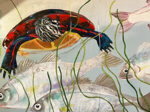 Rochelle Redfield Instagram - Turns out there’s a lot going on in the #hudsonriver , this is the fantasy glamour rock version. Have a peek next time you’re in Hudson, 707 Warren street! A new Little Pickles general store ( and sweetshop) #mural #hudsonvalley #hudsonny #littlepicklesgeneralstore #mixedmedia #shiny #estuarylife #whiteperch #easternpaintedturtle